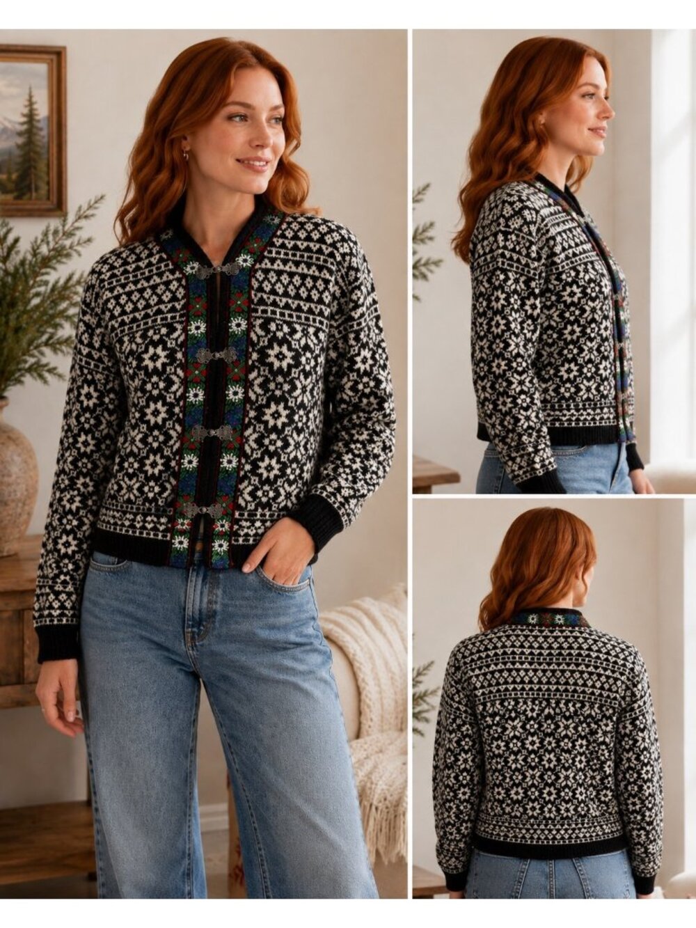 Northern Isles Women’s M Wool Blend Fair Isle Nordic Cardigan Metal Clasps